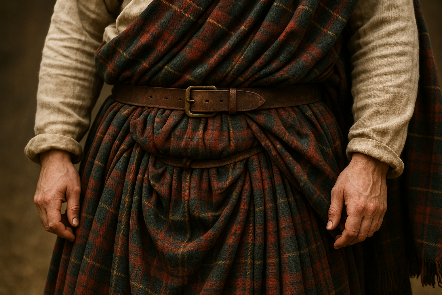 scottish man wearing 17th century great kilt. zoom in on pevlic area