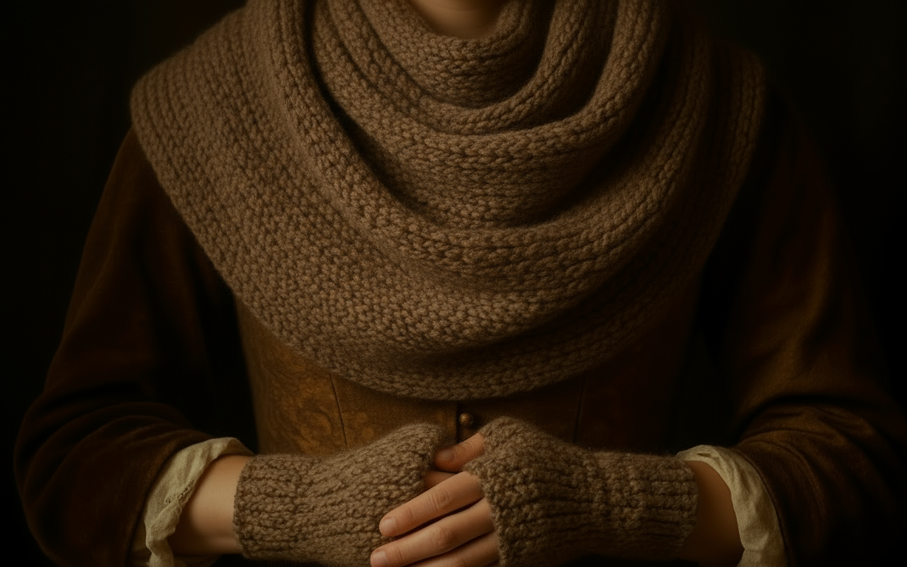woman wearing 17th century clothing with knitted scarf and fingerless mittens. zoom in on the chest 